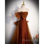 Mermaid Brown Tulle Satin Strapless Long Party Dresses Formal Dresses Formal Prom Dresses With Bow(S)