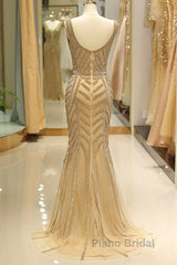 Mermaid Deep V-Neck Gold Beaded Formal Prom Dresses