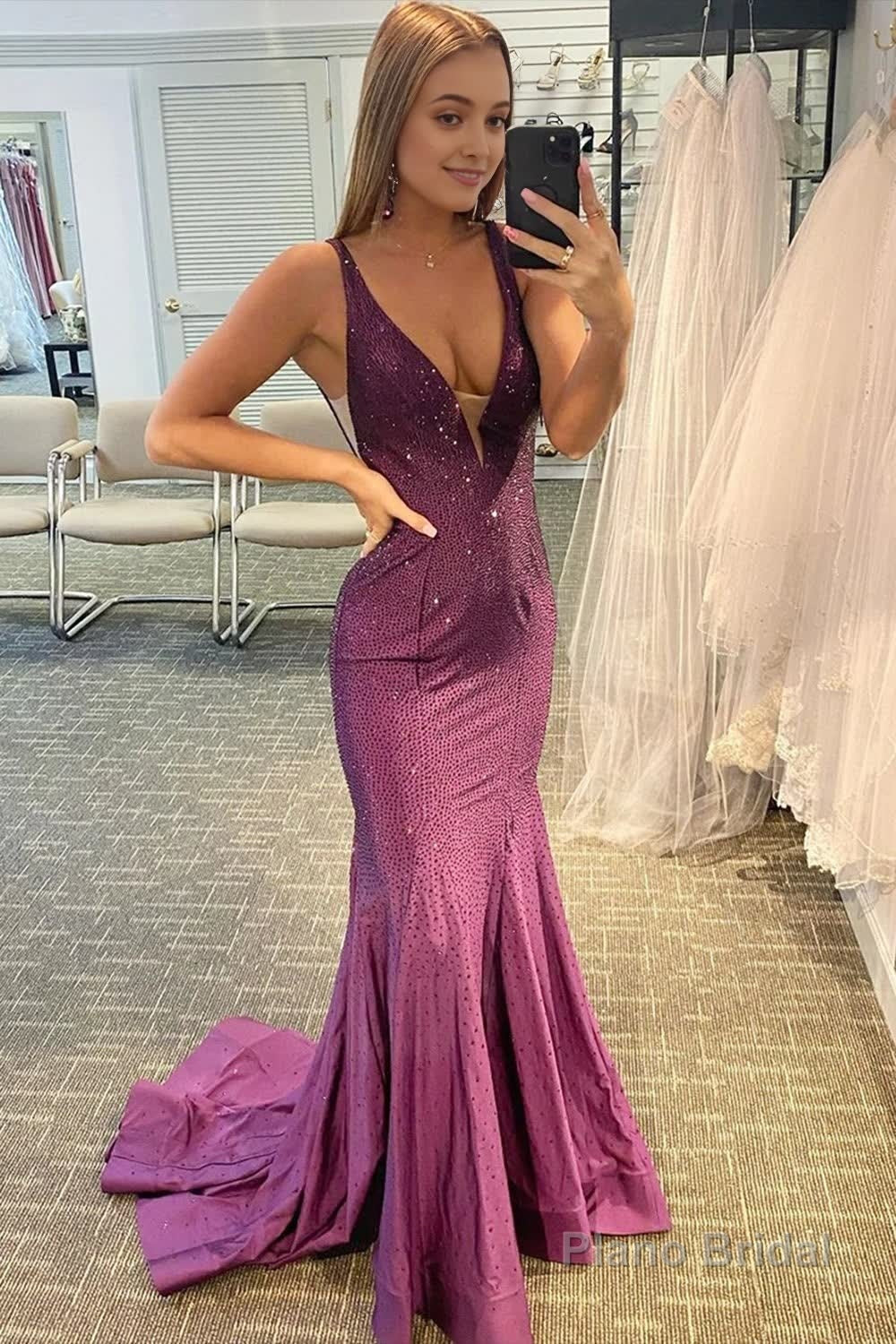 Mermaid Deep V Neck Royal Blue Long Prom Dress with Beading Party Dresses