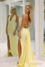 Mermaid Deep V Neck Yellow Satin Long Prom Dresses with Slit