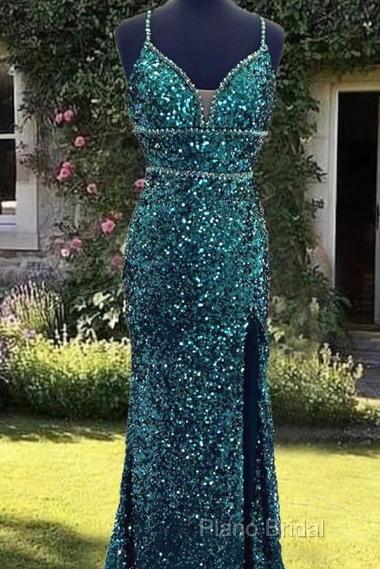 Mermaid Emerald Green Sequin V-Neck Dresses Secondary image