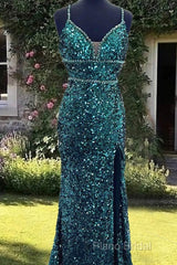Mermaid Emerald Green Sequin V-Neck Dresses