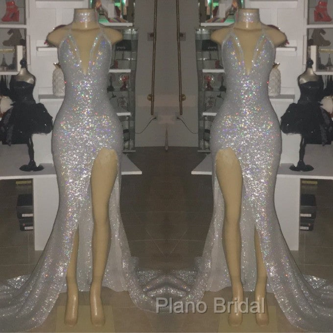 Mermaid Front Slit Deep V-Neck Halter Court Paillette Formal Prom Dresses Secondary image