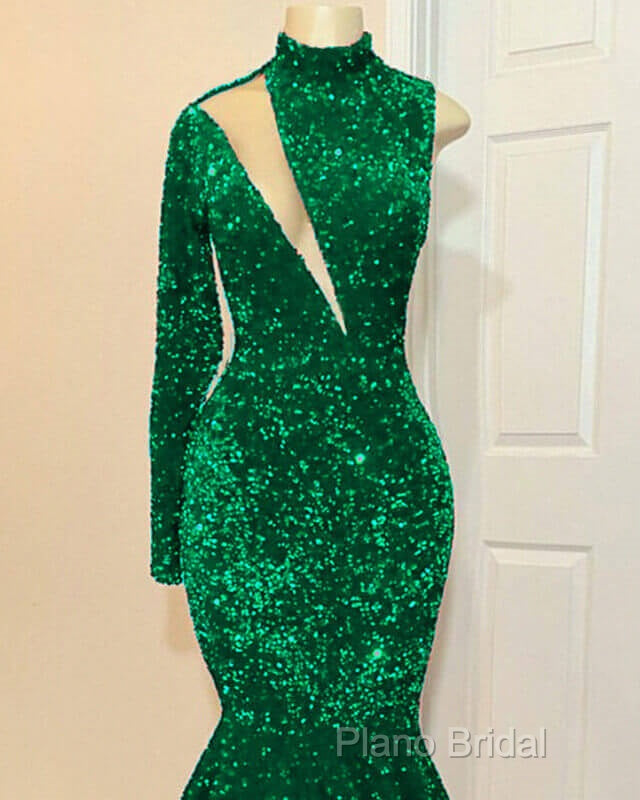 Mermaid Green Sequin Formal Prom Dresses One Shoulder High Neck Secondary image
