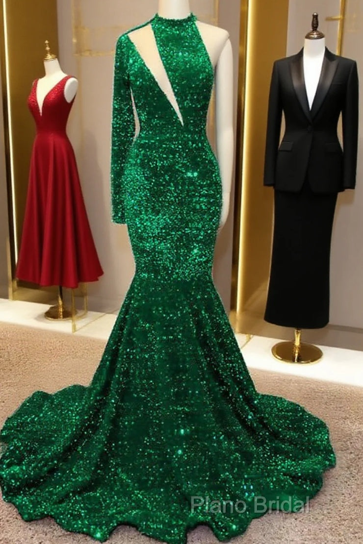 Mermaid Green Sequin Formal Prom Dresses One Shoulder High Neck Main image