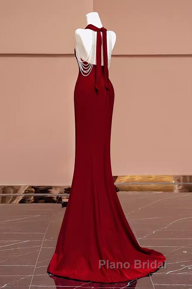 Mermaid Halter Burgundy Long Formal Prom Dresses Secondary image