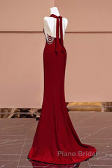 Mermaid Halter Burgundy Long Formal Prom Dresses