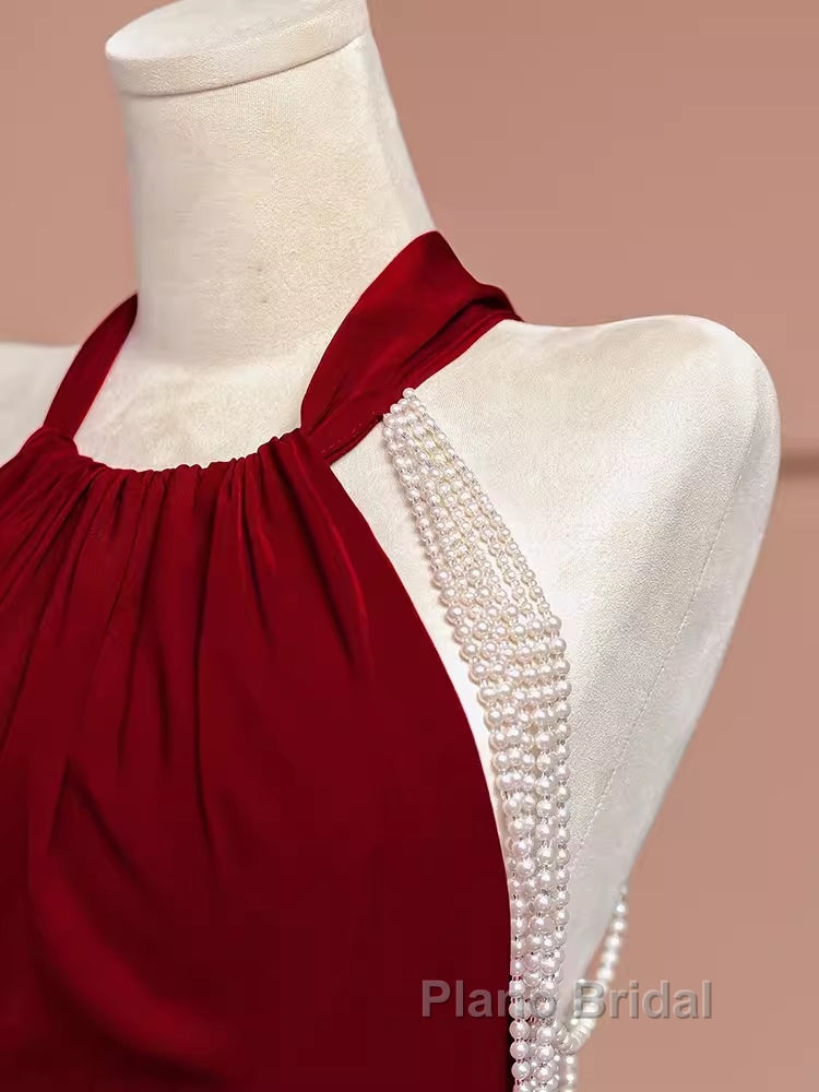 Mermaid Halter Burgundy Long Formal Prom Dresses