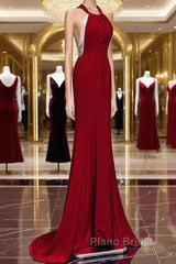 Mermaid Halter Burgundy Long Formal Prom Dresses