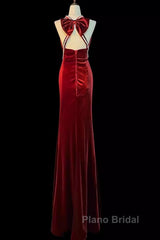 Mermaid Halter Burgundy Long Velvet Formal Prom Dresses