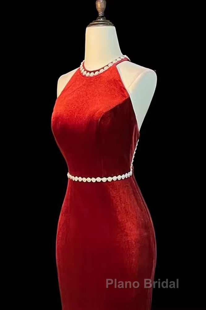 Mermaid Halter Burgundy Long Velvet Formal Prom Dresses