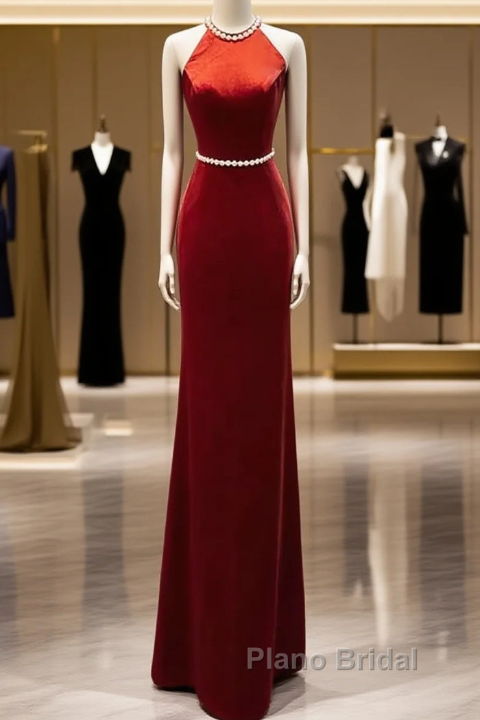 Mermaid Halter Burgundy Long Velvet Formal Prom Dresses Main image