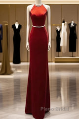 Mermaid Halter Burgundy Long Velvet Formal Prom Dresses