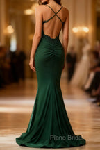 Mermaid Halter Dark Green Long Formal Prom Dresses with Appliques Beading