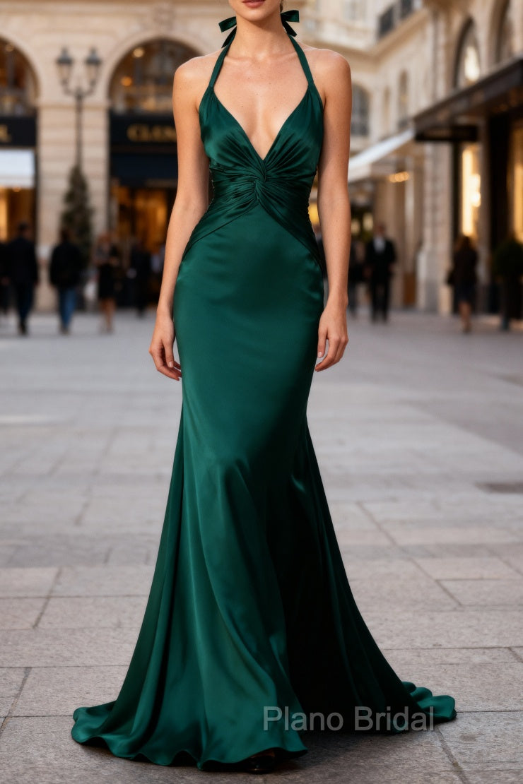 Mermaid Halter Dark Green Long Satin Bridesmaid Dresses Main image