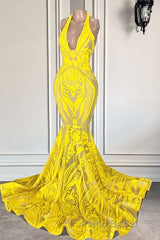 Mermaid Halter Floor-length Sleeveless Open Back Appliques Lace Formal Prom Dress