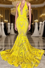Mermaid Halter Floor-length Sleeveless Open Back Appliques Lace Formal Prom Dress