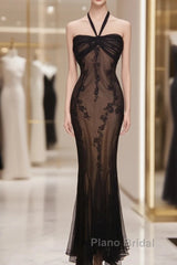 Mermaid Halter Neck Tulle Applique Long Formal Prom Dresses