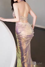 Mermaid Halter Sequin Backless Prom Dresses Evening Dress