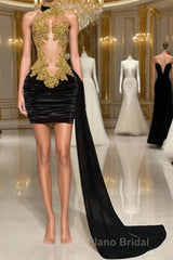Mermaid High Neck Applique Lace Mini Sleeveless Backless Formal Prom Dress With Side Train