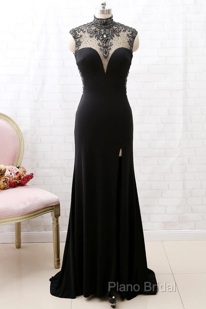 Mermaid High Neck Beaded Jersey Black Formal Prom Gown With Slit Secondary image