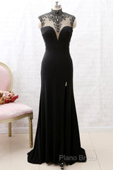 Mermaid High Neck Beaded Jersey Black Formal Prom Gown With Slit