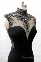 Mermaid High Neck Beaded Jersey Black Formal Prom Gown With Slit