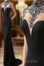 Mermaid High Neck Beaded Jersey Black Formal Prom Gown With Slit