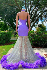 Mermaid High Neck Floor-length Sleeveless Open Back Appliques Lace Beaded Formal Prom Dress With Feather