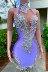 Mermaid High Neck Floor-length Sleeveless Open Back Appliques Lace Beaded Formal Prom Dress With Feather
