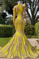 Mermaid High Neck One Shoulder Sequined Floor-length Long Sleeve Lace Formal Prom Dress