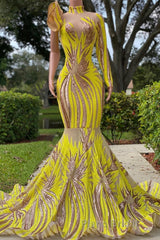 Mermaid High Neck One Shoulder Sequined Floor-length Long Sleeve Lace Formal Prom Dress