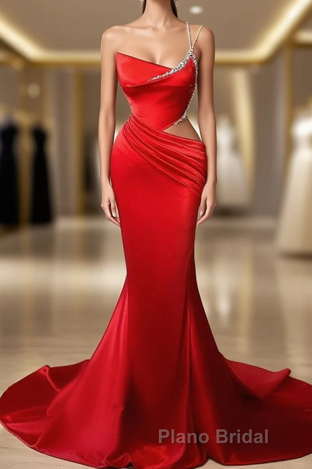 Mermaid High Split Asymmetrical Spaghetti strap Floor-length Prom Dress