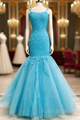 Mermaid Ice Blue Formal Prom Dresses Lace Embroidery