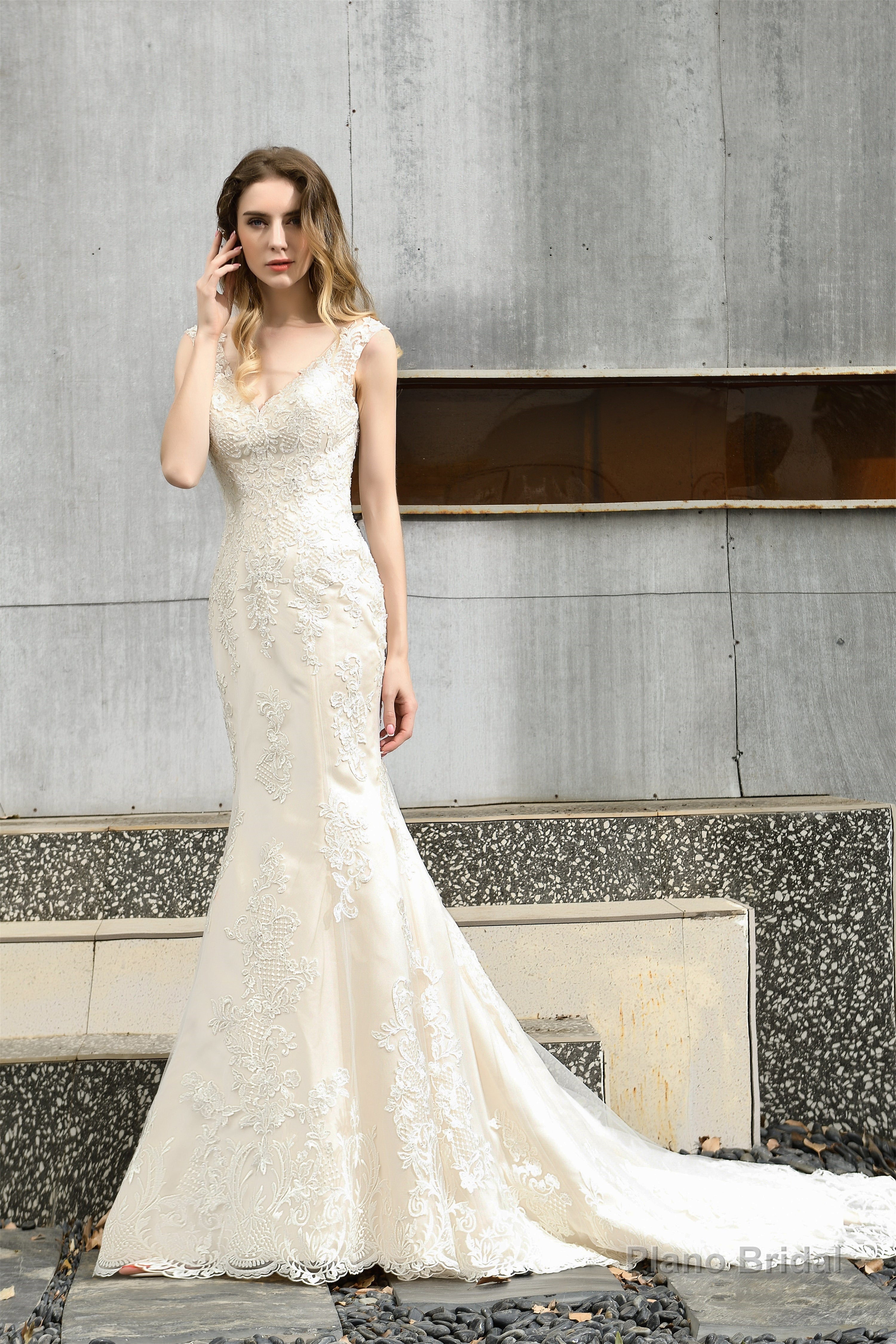 Mermaid Ivory V neck Lace Wedding Dresses with Ruffless Train