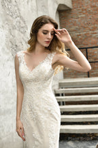 Mermaid Ivory V neck Lace Wedding Dresses with Ruffless Train