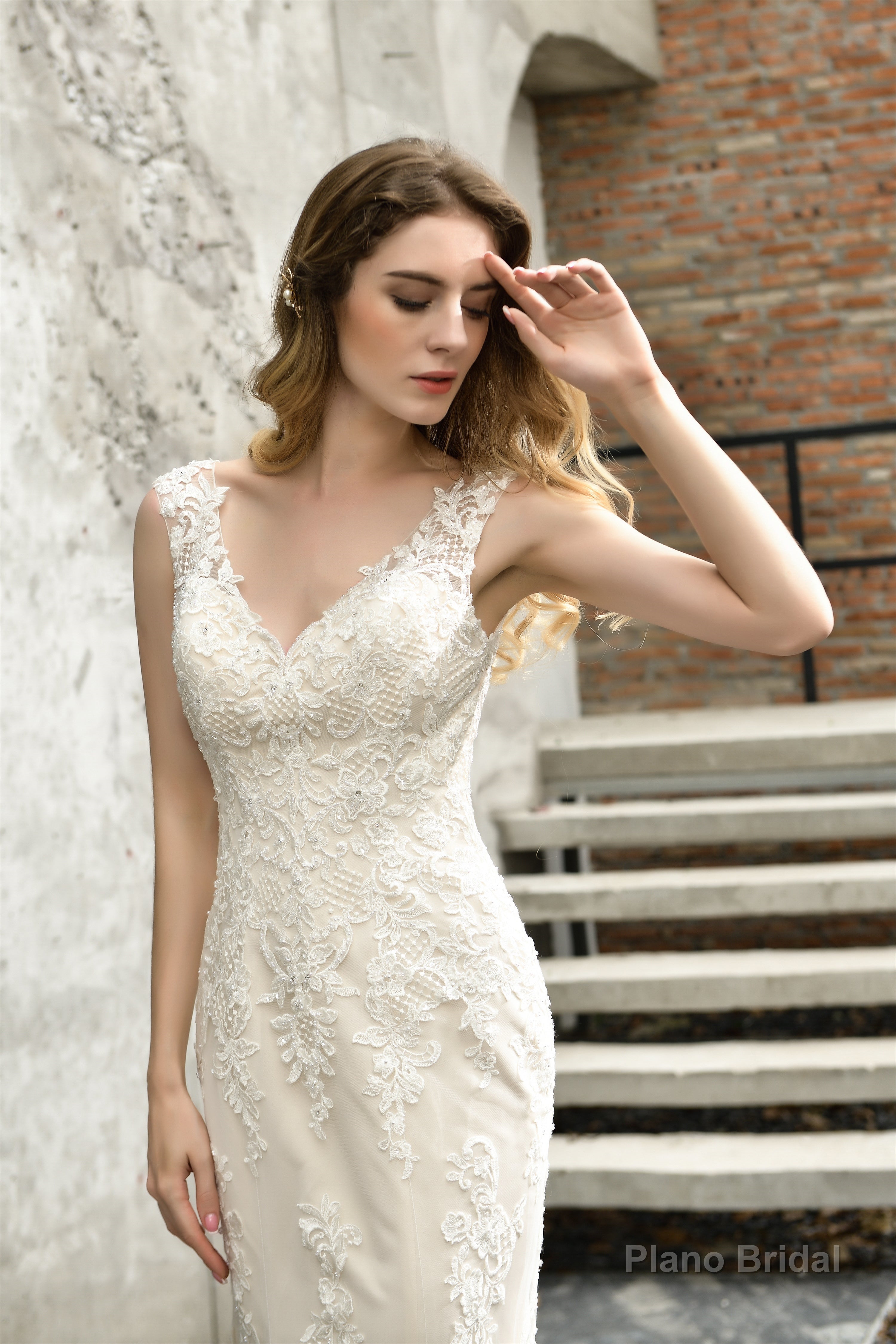 Mermaid Ivory V neck Lace Wedding Dresses with Ruffless Train