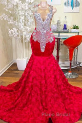 Mermaid Jewel Lace Sequined Applique Sleeveless Floor-length Formal Prom Dress
