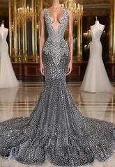 Mermaid Jewel Sequined Floor-length Sleeveless Appliques Lace Formal Prom Dress