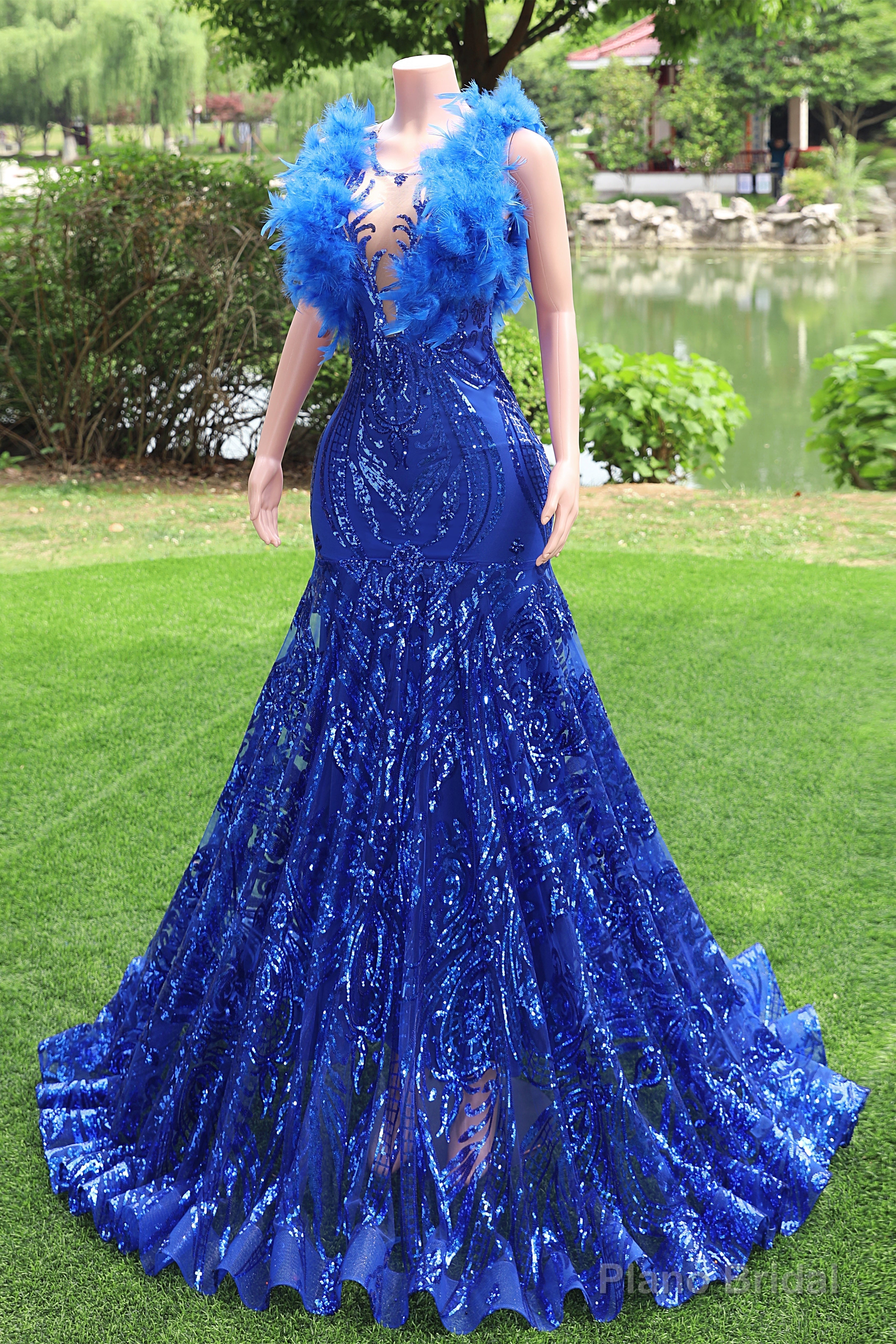 Mermaid Long Prom Dresses Sequin Royal Blue Evening Dresses Feather Sleeveless Main image