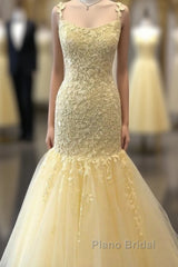 Mermaid Long Formal Prom Dresses, Yellow Lace Formal Prom Dresses, Modest Evening Party Dresses