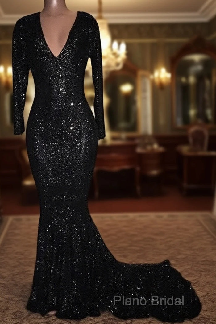Mermaid Long-Sleeves Black Sequined Formal Prom Dresses