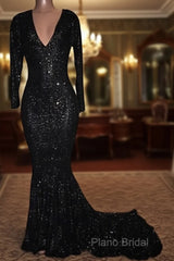 Mermaid Long-Sleeves Black Sequined Formal Prom Dresses