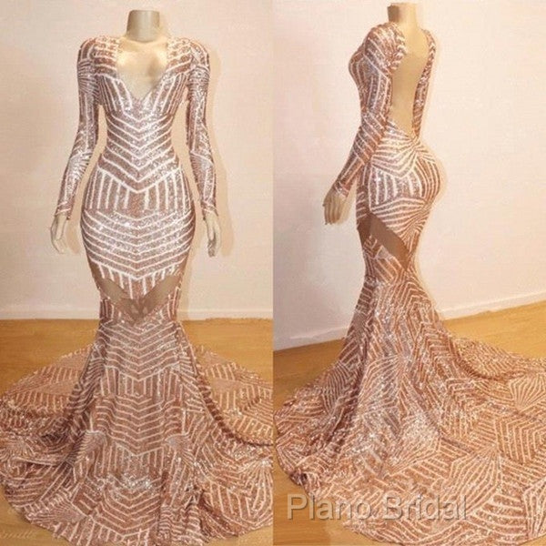 Mermaid Long Sleevess V-Neck Sequined Sweep Train Formal Prom Dresses