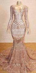 Mermaid Long Sleevess V-Neck Sequined Sweep Train Formal Prom Dresses