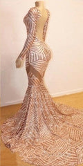 Mermaid Long Sleevess V-Neck Sequined Sweep Train Formal Prom Dresses