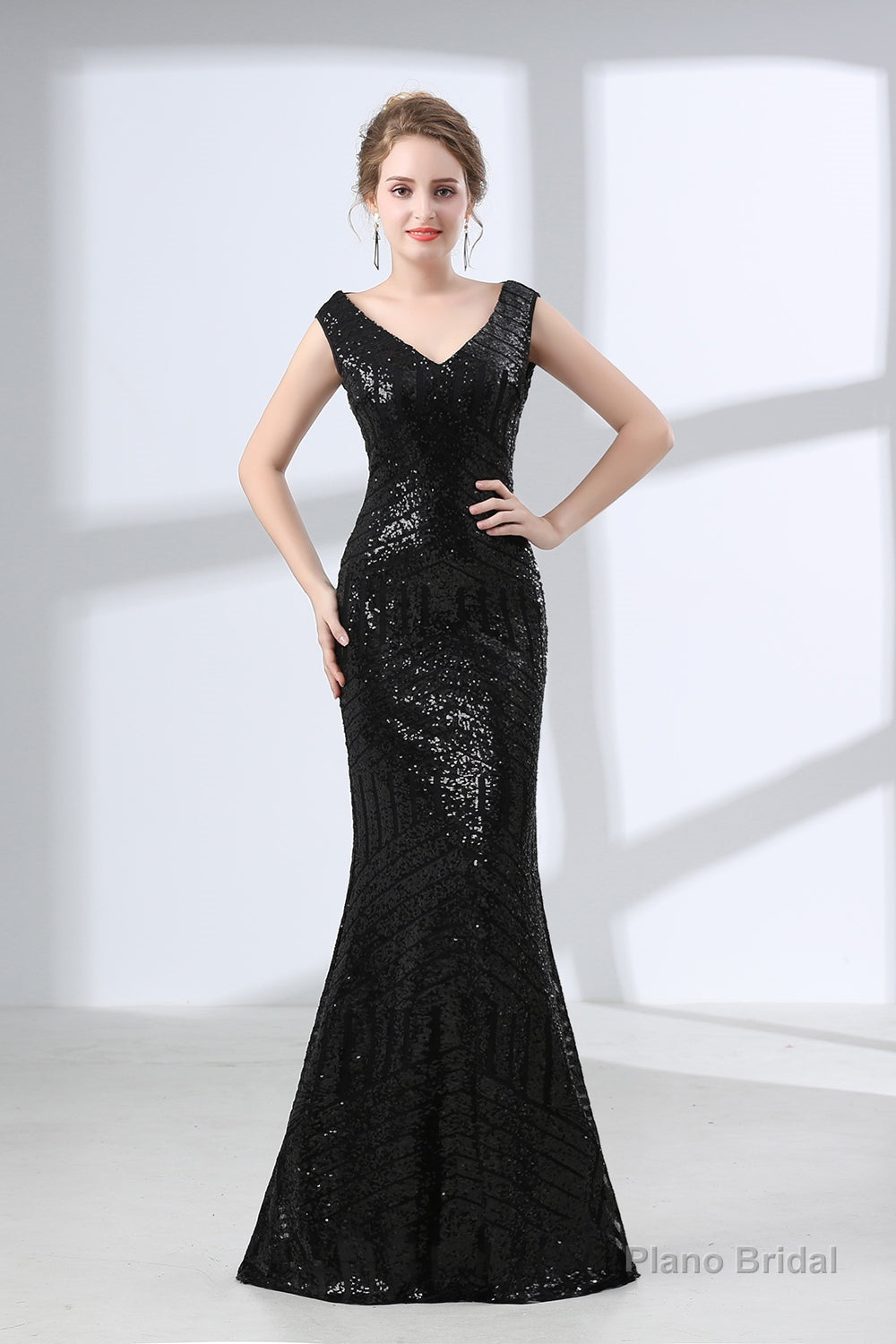 Mermaid Long V Neck Black Sequined Sheer Back Prom Dresses Main image