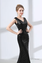 Mermaid Long V Neck Black Sequined Sheer Back Prom Dresses