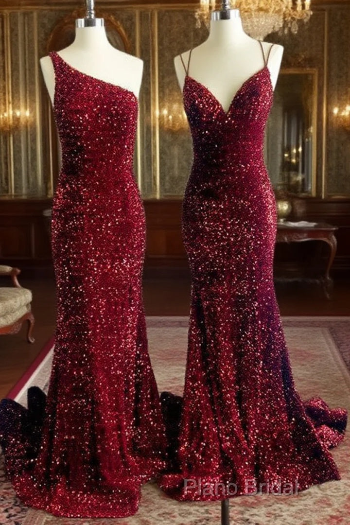 Mermaid Maroon Sequin Formal Dresses