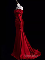 Mermaid Off The Shoulder Burgundy Long Satin Formal Prom Dresses